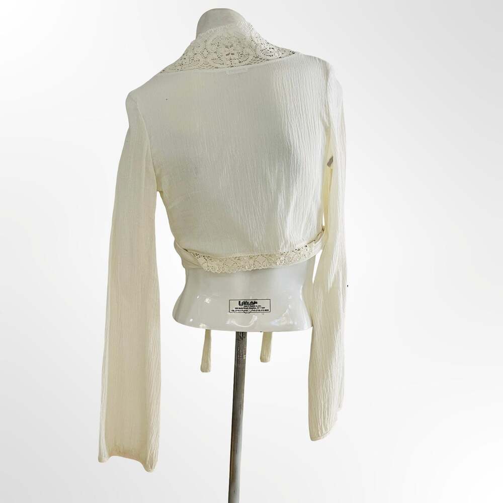 Vintage Cream White Lace Trim Bell Sleeve Crop Wrap Top Blouse - Picture 5 of 7